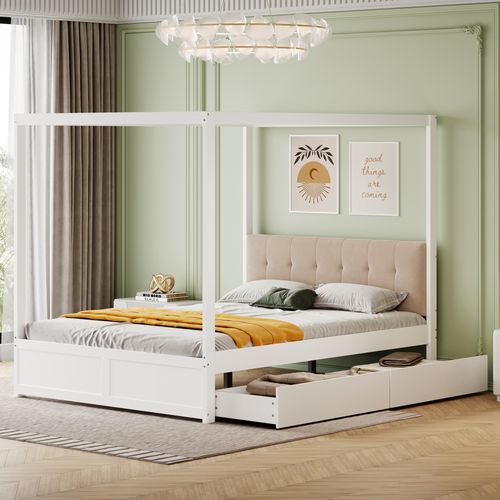 Lit Adulte Lit à Baldaquin 140x200 Cm Avec 2 Tiroirs Et Dossier Moelleux, Lit En Bois, Blanc