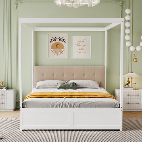 Lit Adulte Lit à Baldaquin 140x200 Cm Avec 2 Tiroirs Et Dossier Moelleux, Lit En Bois, Blanc