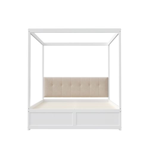 Lit Adulte Lit à Baldaquin 140x200 Cm Avec 2 Tiroirs Et Dossier Moelleux, Lit En Bois, Blanc