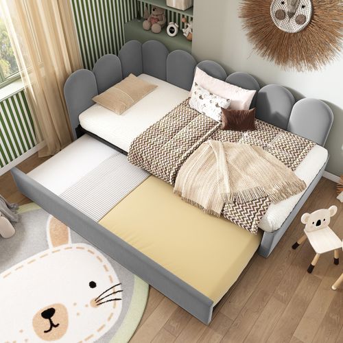 Lit Enfant Lit Gigogne 90x200/90x190cm, Lit De Repos Rembourré Avec Sommier à Lattes, Velours, Gris