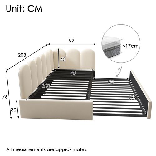 Lit Enfant Lit Gigogne 90x200/90x190cm, Lit Rembourré Avec Sommier à Lattes, Velours, Beige