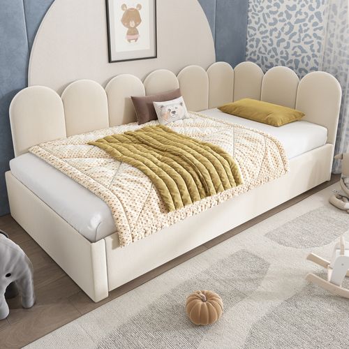 Lit Enfant Lit Gigogne 90x200/90x190cm, Lit Rembourré Avec Sommier à Lattes, Velours, Beige
