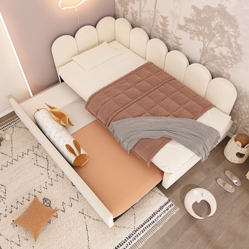Lit Enfant Lit Gigogne 90x200/90x190cm, Lit Rembourré Avec Sommier à Lattes, Velours, Beige