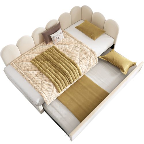 Lit Enfant Lit Gigogne 90x200/90x190cm, Lit Rembourré Avec Sommier à Lattes, Velours, Beige