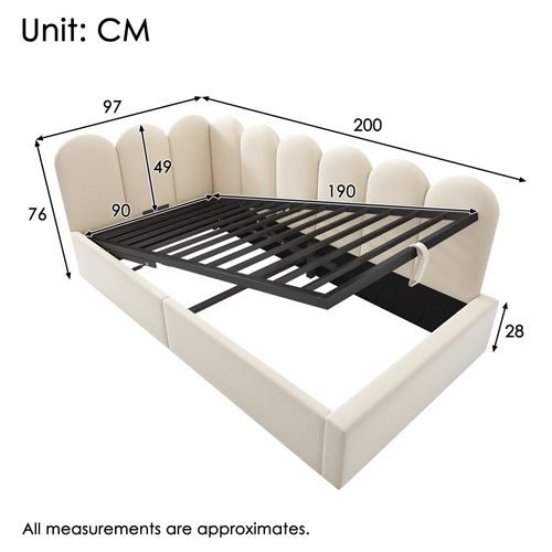 Lit Enfant Lit Coffre Hydraulique 90x190 Cm, Avec Sommier à Lattes Métalliques, Velours, Beige