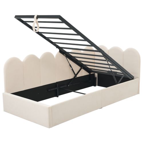 Lit Enfant Lit Coffre Hydraulique 90x190 Cm, Avec Sommier à Lattes Métalliques, Velours, Beige