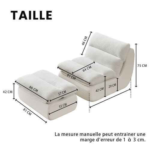Canapé Paresseux Avec Repose-pieds, Dossier Et Coussin D'assise Amovible, Velours Côtelé, Blanc
