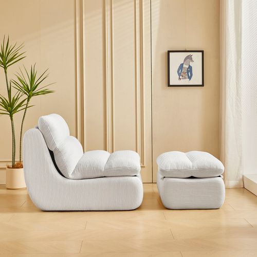 Canapé Paresseux Avec Repose-pieds, Dossier Et Coussin D'assise Amovible, Velours Côtelé, Blanc
