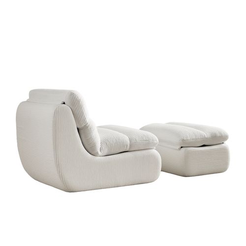 Canapé Paresseux Avec Repose-pieds, Dossier Et Coussin D'assise Amovible, Velours Côtelé, Blanc