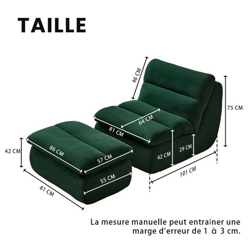 Canapé Paresseux Avec Repose-pieds, Dossier Et Coussin D'assise Amovible, Velours Côtelé, Vert