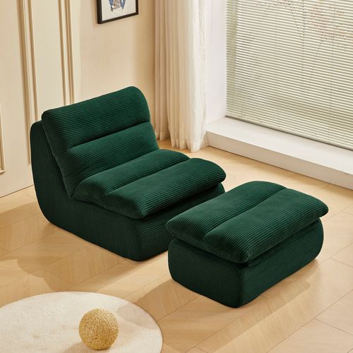 Canapé Paresseux Avec Repose-pieds, Dossier Et Coussin D'assise Amovible, Velours Côtelé, Vert