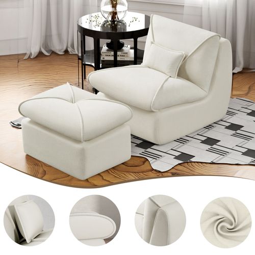 Canapé Paresseux De Relaxation Avec Dossier Et Coussin D'assise, Tissu Chenille, Blanc