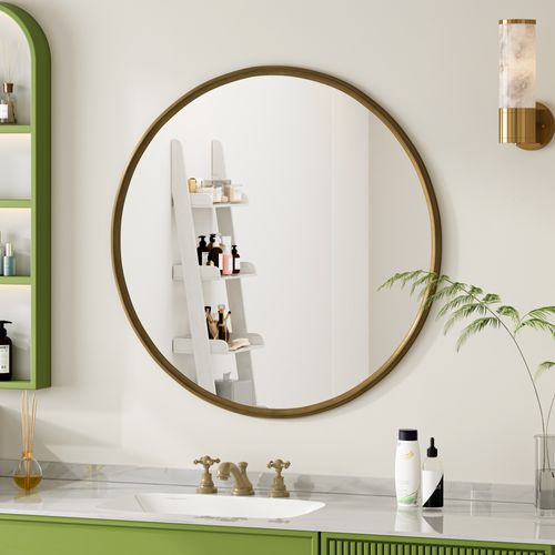 Miroir Rond Mural 80 Cm, Cadre En Métal, Pour Salon, Chambre, Coiffeuse, Entrée, Couloir, Bronze