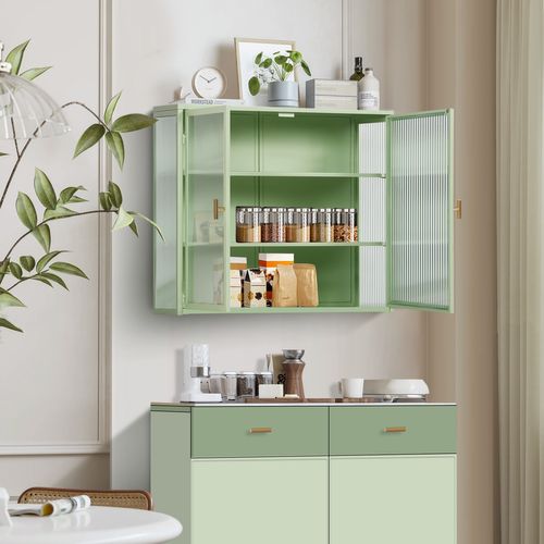 Armoire Murale Salle De Bain Moderne 70x23x60 Cm à 2 Portes En Verre Avec Rangement 3 Niveaux, Vert