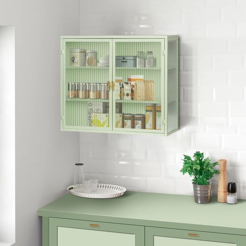 Armoire Murale Salle De Bain Moderne 70x23x60 Cm à 2 Portes En Verre Avec Rangement 3 Niveaux, Vert