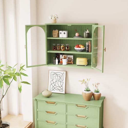 Armoire Murale Salle De Bain 70x23x60 Cm à 2 Portes En Verre Et 3 Étagères, Avec Motif Tissé Vert