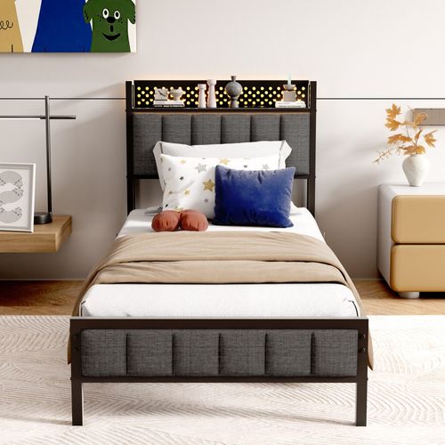 Lit En Métal 90x 200 Cm Avec Espace De Rangement, Port USB, Mdf + Tissu, Noir + Gris