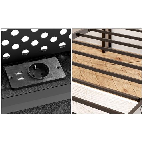 Lit En Métal 90x 200 Cm Avec Espace De Rangement, Port USB, Mdf + Tissu, Noir + Gris