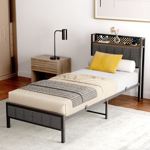 Lit En Métal 90x 200 Cm Avec Espace De Rangement, Port USB, Mdf + Tissu, Noir + Gris