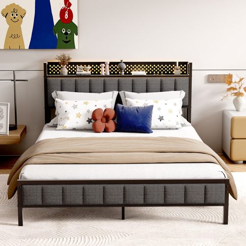 Lit En Métal 140x 200 Cm Avec Espace De Rangement, Port USB, Mdf + Tissu, Noir + Gris