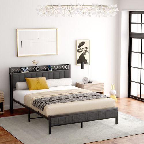 Lit En Métal 140x 200 Cm Avec Espace De Rangement, Port USB, Mdf + Tissu, Noir + Gris