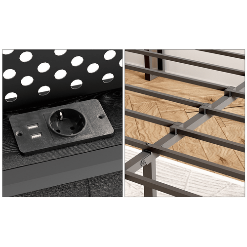 Lit En Métal 140x 200 Cm Avec Espace De Rangement, Port USB, Mdf + Tissu, Noir + Gris