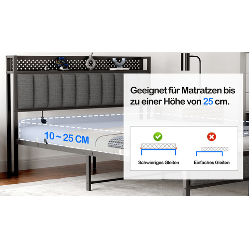 Lit En Métal 140x 200 Cm Avec Espace De Rangement, Port USB, Mdf + Tissu, Noir + Gris