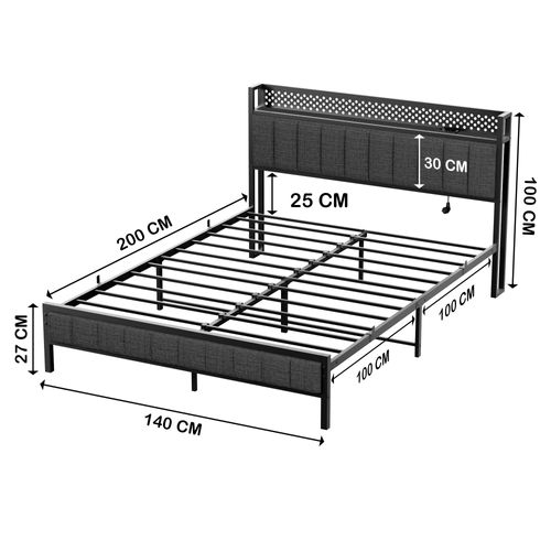 Lit En Métal 140x 200 Cm Avec Espace De Rangement, Port USB, Mdf, Noyer Noir + Gris