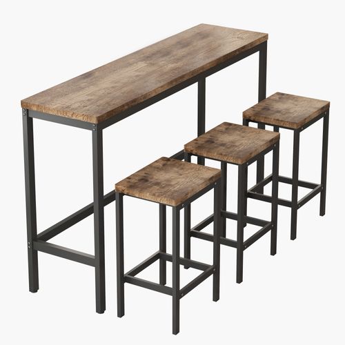 Ensemble De Table Bar Avec 3 Tabourets, Pieds En Métal Noir, Plateau En Mdf, Grain De Bois Foncé