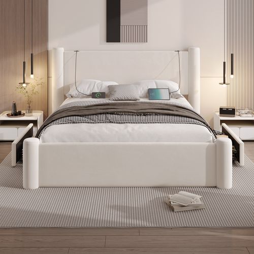 Lit Double Rembourré 160x200 Cm, 2 Tiroirs Et Ports USB Intégrés, Design Colonne 3d, Velours Beige