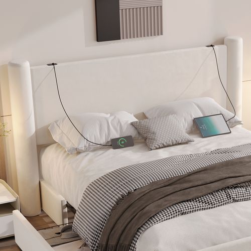Lit Double Rembourré 160x200 Cm, 2 Tiroirs Et Ports USB Intégrés, Design Colonne 3d, Velours Beige