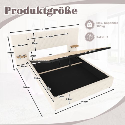 Lit Adulte 140 X 200 Cm Avec Tête De Lit Large, LED, Port USB, 2 Tables De Chevet, Velours Beige