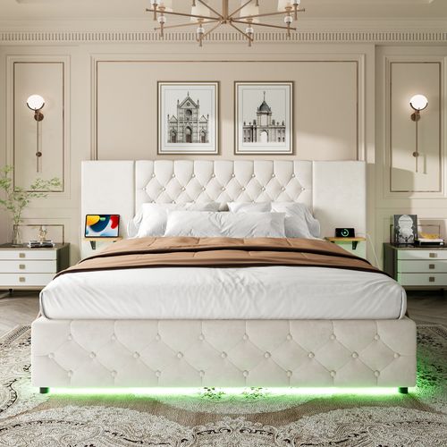 Lit Adulte 140 X 200 Cm Avec Tête De Lit Large, LED, Port USB, 2 Tables De Chevet, Velours Beige