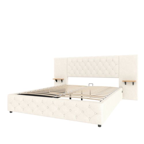Lit Adulte 140 X 200 Cm Avec Tête De Lit Large, LED, Port USB, 2 Tables De Chevet, Velours Beige