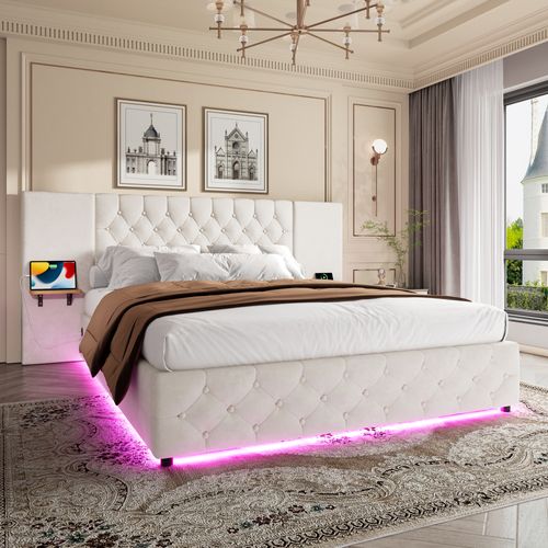 Lit Adulte 160 X 200 Cm Avec Tête De Lit Large, LED, Port USB, 2 Tables De Chevet, Velours Beige