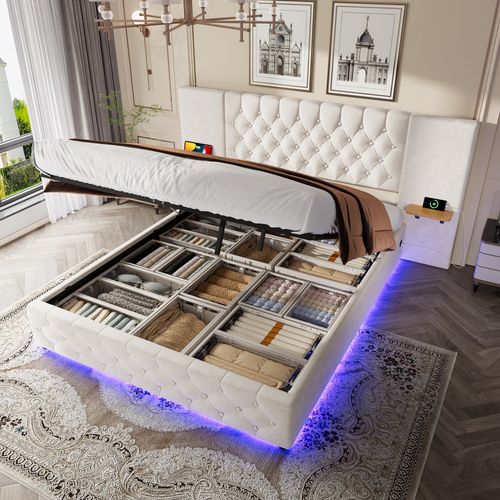 Lit Adulte 160 X 200 Cm Avec Tête De Lit Large, LED, Port USB, 2 Tables De Chevet, Velours Beige