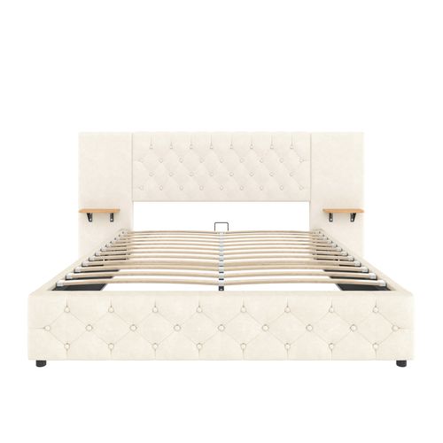 Lit Adulte 160 X 200 Cm Avec Tête De Lit Large, LED, Port USB, 2 Tables De Chevet, Velours Beige