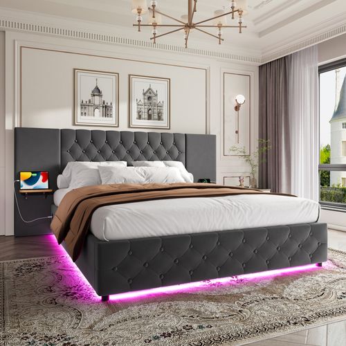 Lit Adulte 160 X 200 Cm Avec Tête De Lit Large, LED, Port USB, 2 Tables De Chevet, Velours Gris