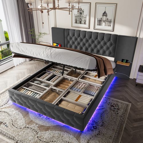 Lit Adulte 160 X 200 Cm Avec Tête De Lit Large, LED, Port USB, 2 Tables De Chevet, Velours Gris