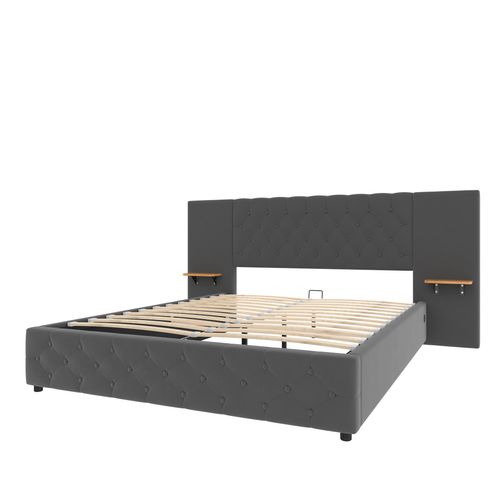 Lit Adulte 160 X 200 Cm Avec Tête De Lit Large, LED, Port USB, 2 Tables De Chevet, Velours Gris