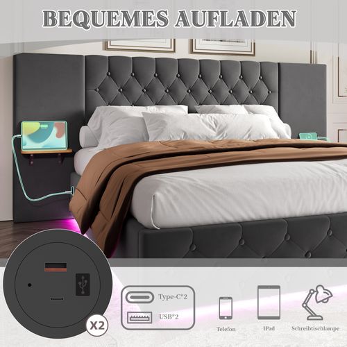 Lit Adulte 160 X 200 Cm Avec Tête De Lit Large, LED, Port USB, 2 Tables De Chevet, Velours Gris