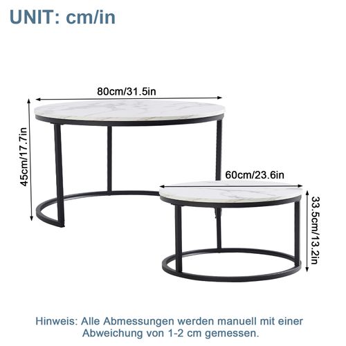 Table Basse Gigogne Ronde, Ensemble De 2, 80x80x45/60x60x33.5 Cm, Placage De Marbre, Blanc + Noir