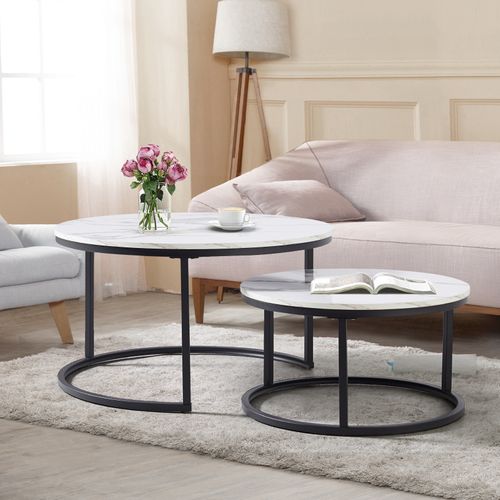 Table Basse Gigogne Ronde, Ensemble De 2, 80x80x45/60x60x33.5 Cm, Placage De Marbre, Blanc + Noir