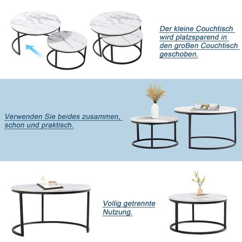 Table Basse Gigogne Ronde, Ensemble De 2, 80x80x45/60x60x33.5 Cm, Placage De Marbre, Blanc + Noir