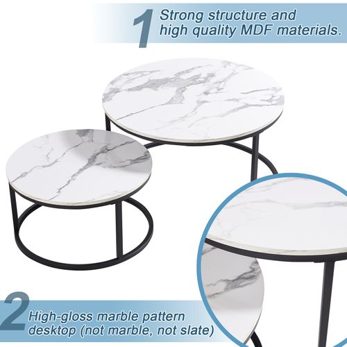 Table Basse Gigogne Ronde, Ensemble De 2, 80x80x45/60x60x33.5 Cm, Placage De Marbre, Blanc + Noir