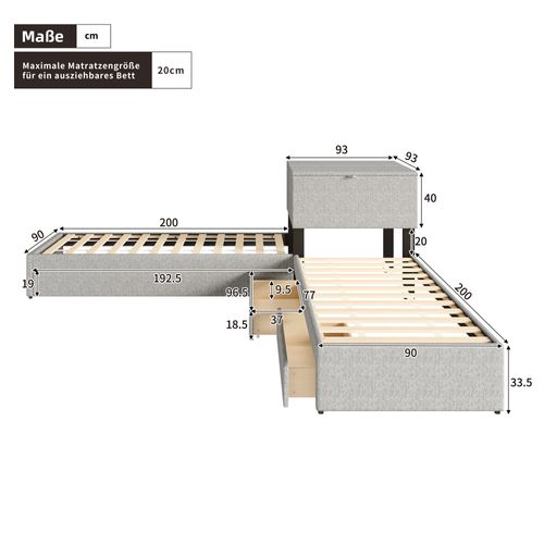 Lit Enfant 2 Lits Simples, 90x200cm Avec Coffre De Rangement Et Tiroir, Avec Lit Gigogne, Lin, Gris