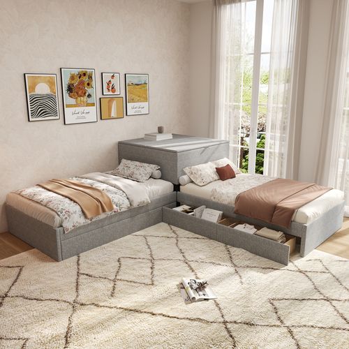 Lit Enfant 2 Lits Simples, 90x200cm Avec Coffre De Rangement Et Tiroir, Avec Lit Gigogne, Lin, Gris