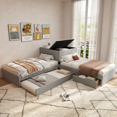 Lit Enfant 2 Lits Simples, 90x200cm Avec Coffre De Rangement Et Tiroir, Avec Lit Gigogne, Lin, Gris