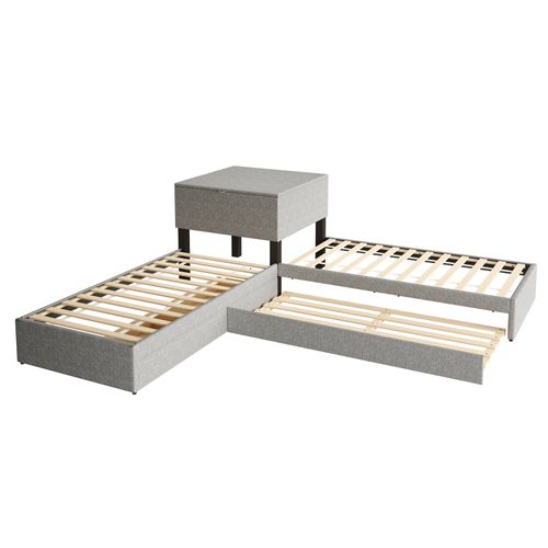 Lit Enfant 2 Lits Simples, 90x200cm Avec Coffre De Rangement Et Tiroir, Avec Lit Gigogne, Lin, Gris