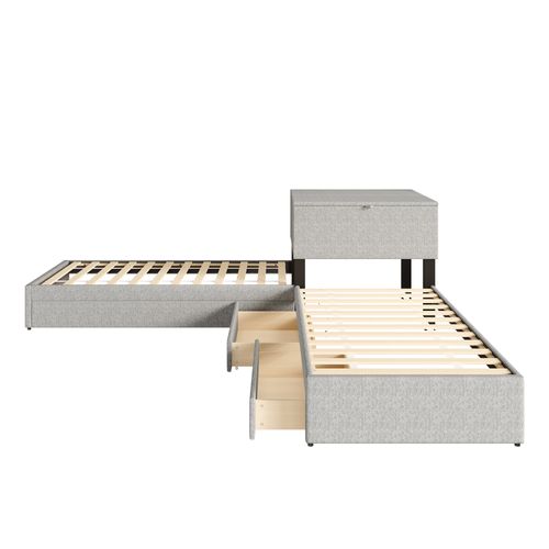 Lit Enfant 2 Lits Simples, 90x200cm Avec Coffre De Rangement Et Tiroir, Avec Lit Gigogne, Lin, Gris